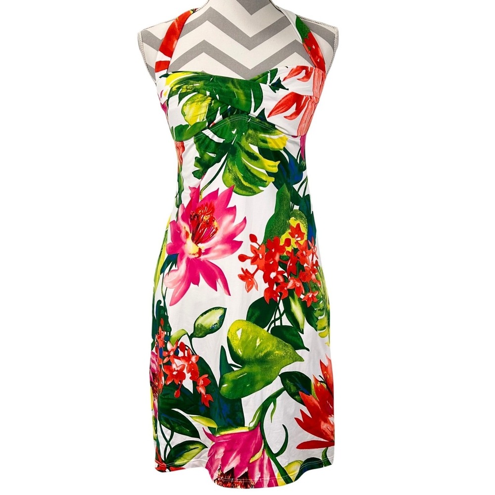 Tommy Bahama Womens Tropical Floral Halter Dress White Pink Green Resort XS